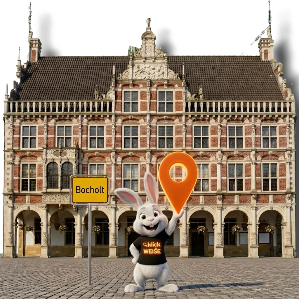 Lokales Online-Marketing in Bocholt — Klickweise vor dem historischen Rathaus Bocholt mit Ortsschild Bocholt