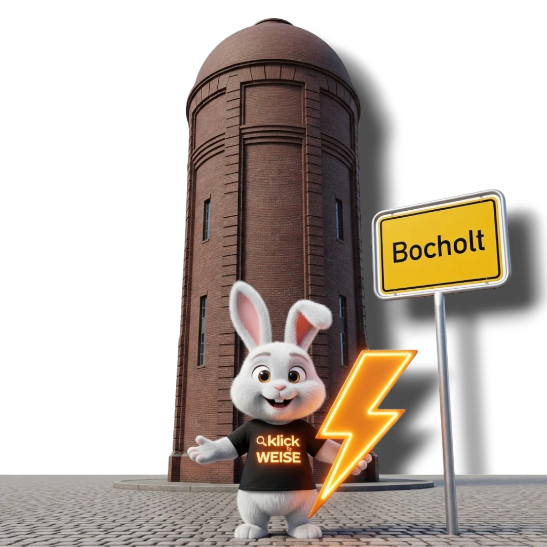 Suchmaschinenwerbung in Bocholt — Klickweise am Bocholter Wasserturm mit Ortsschild Bocholt
