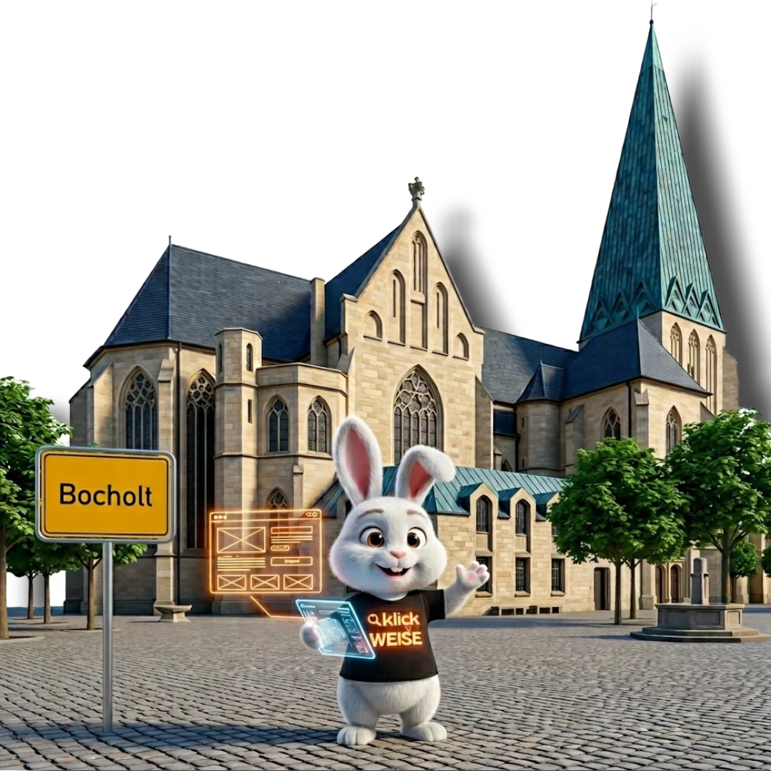 Webdesign in Bocholt — Klickweise vor der St.-Georg-Kirche Bocholt mit Ortsschild Bocholt